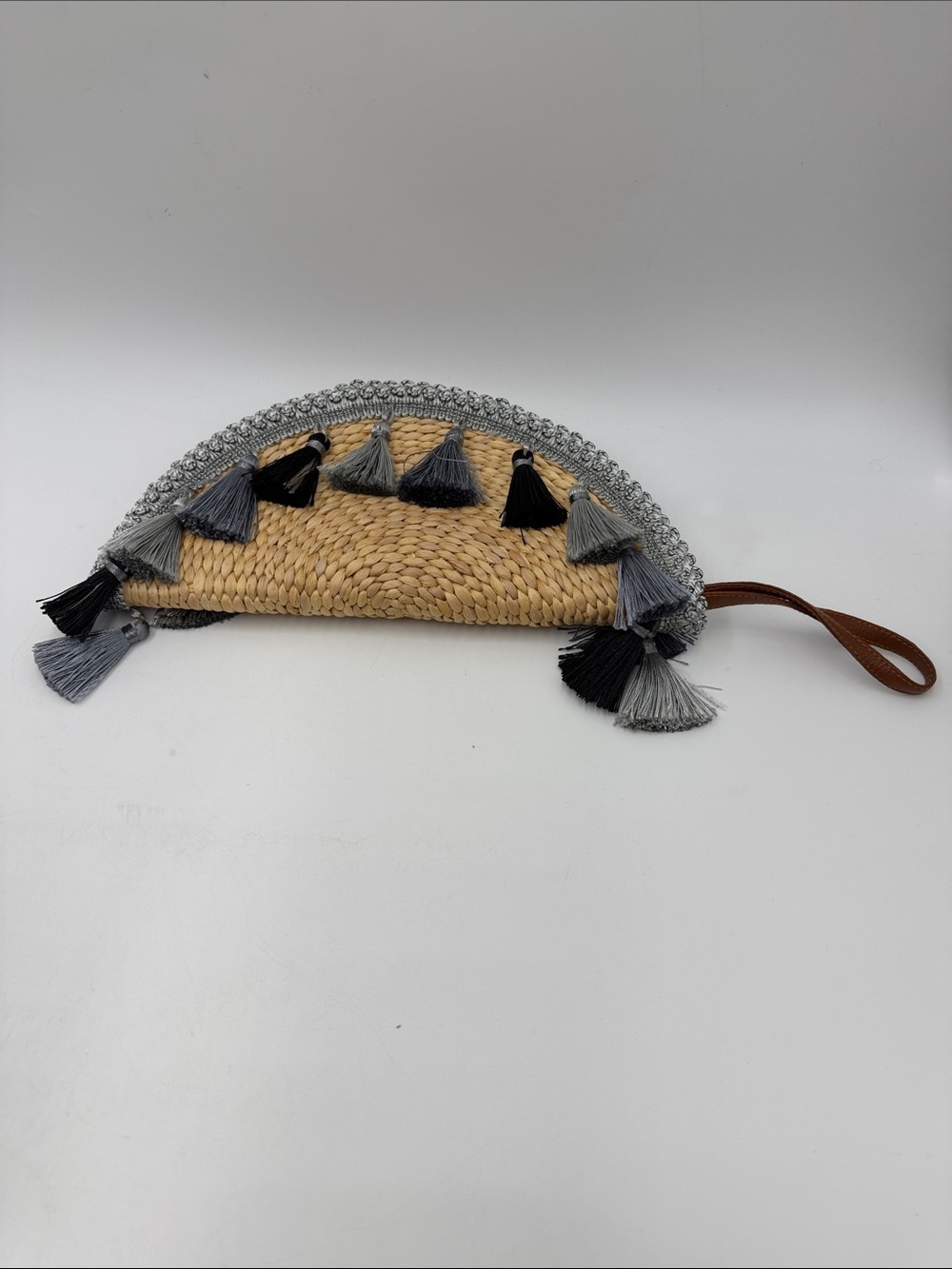 Tassel Trim Straw Wristlet Clutch - Natural and Gray